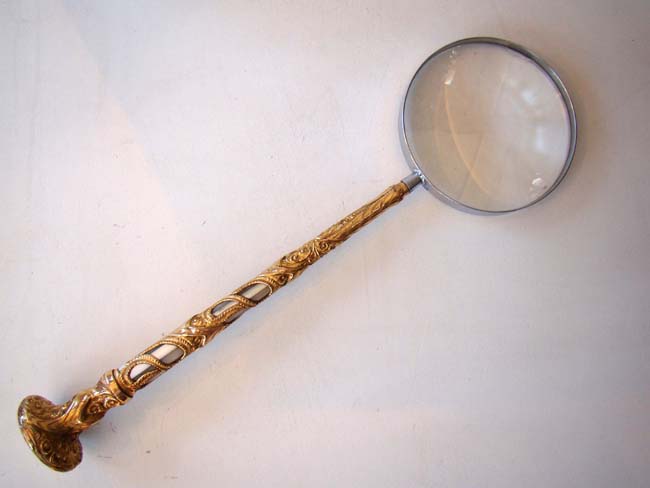A Magnificent 17 1/2" long gold-plated and mother-of-pearl mounted Magnifying glass